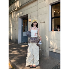 设计感假两件豹纹拼接休闲裤女夏季新款美式复古宽松阔腿裤伞兵裤，男装休闲裤，星座1210-1