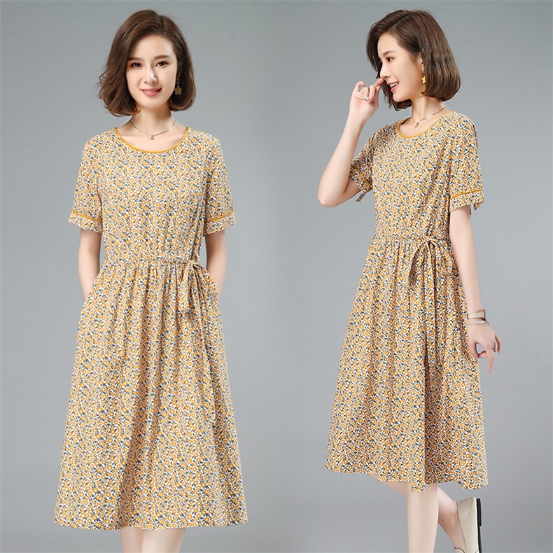 2021夏季新款简约时尚圆领收腰显瘦宽松碎花连衣裙，女装连衣裙，小林双子