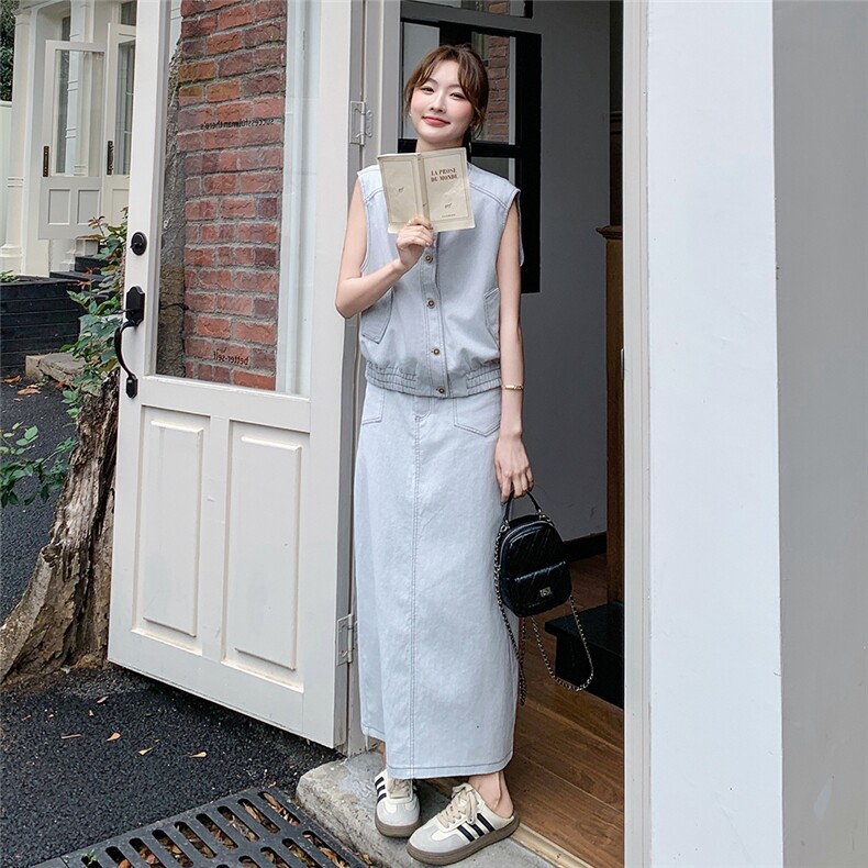 休闲气质牛仔马甲半身裙套装女夏2025新款大方得体ootd穿搭两件套,女装套装/套裙,2C176