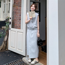 休闲气质牛仔马甲半身裙套装女夏2025新款大方得体ootd穿搭两件套，女装套装/套裙，2C176
