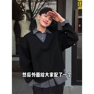 8198-P46春秋美式潮牌假两件衬衫领卫衣男女重磅宽松休闲百搭