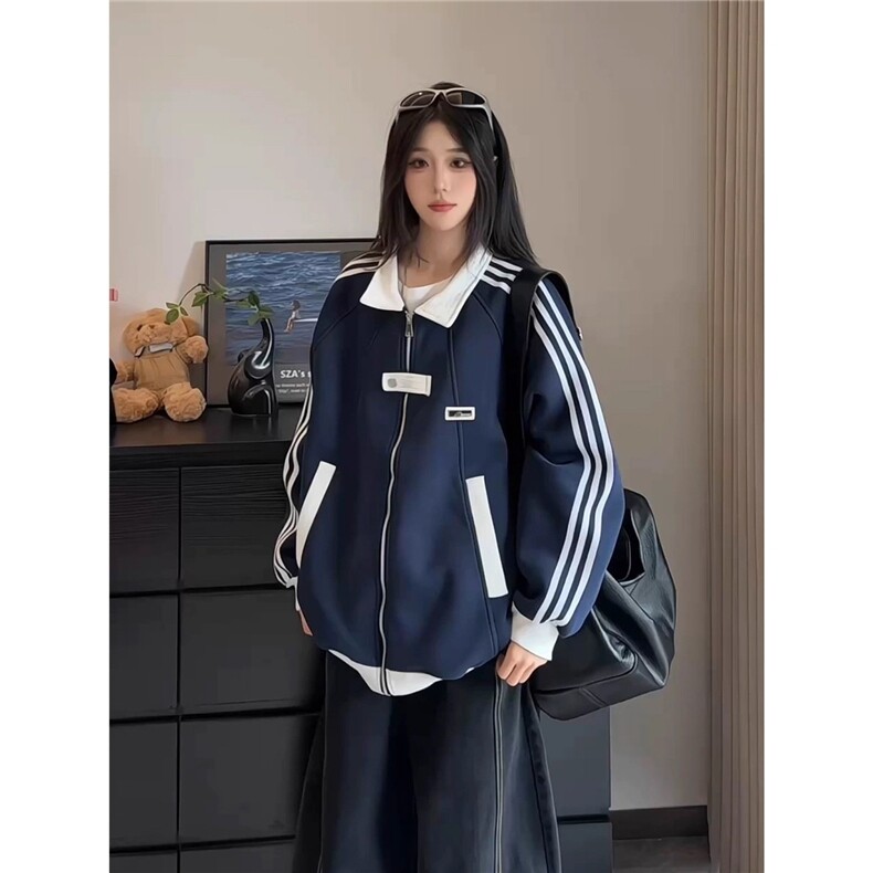 网图现货藏青色美式撞色翻领秋冬运动外套W023特P50，女装短外套，星座205-3