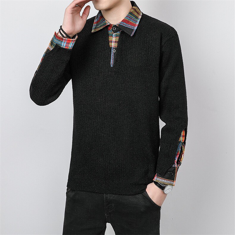【抖音得物】2025秋季时尚毛衣针织衫假两件polo领长袖，男装Polo衫，电商A113
