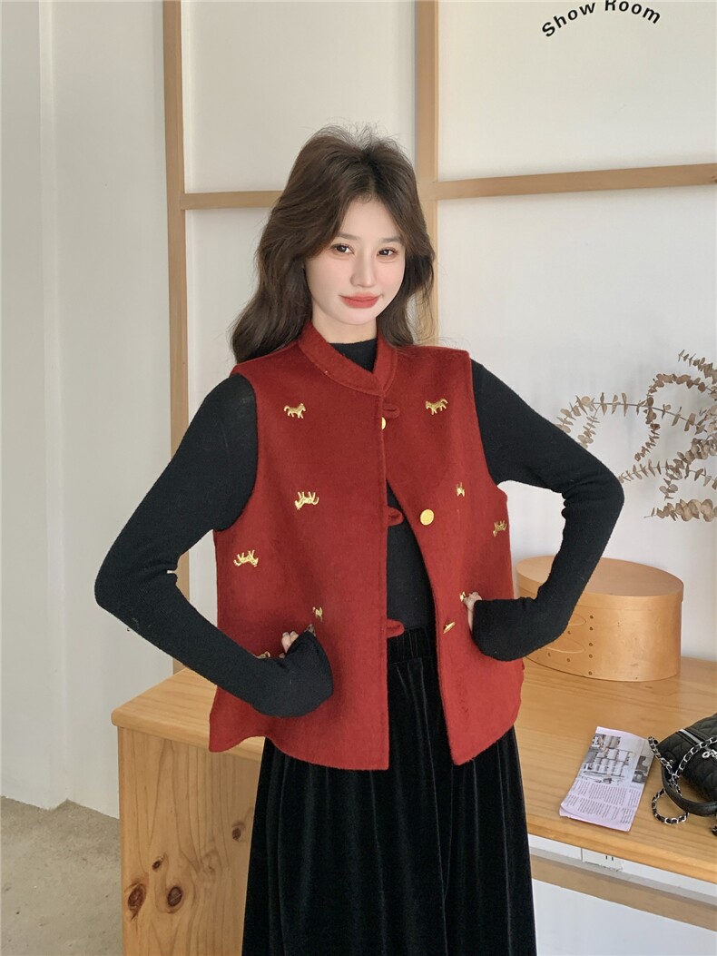 现货主推跑量款年货马年刺绣金马双面羊毛呢马甲p165-k228,女装马甲,SL