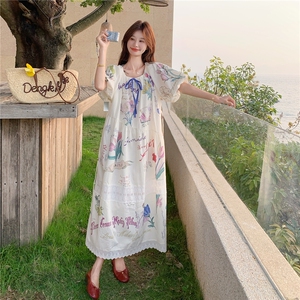 印花连衣裙女夏季2026新款韩系松弛感小众俏皮减龄涂鸦花卉中长裙图片