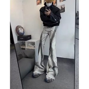 扎染渐变毛边微喇牛仔裤男欧美hiphop裤子高街直筒脏脏裤X167-P58图片