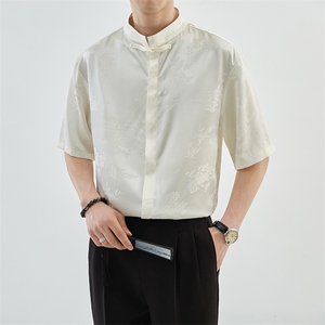 抖音夏季新中式风立领竹叶短袖衬衫男冰丝衬衣A236-0861-P55图片