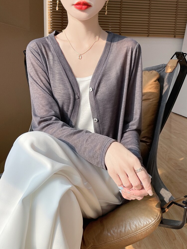 针织长袖女轻薄透气宽松气质上衣v领开衫,针织衫/毛衣,绒宛羊绒