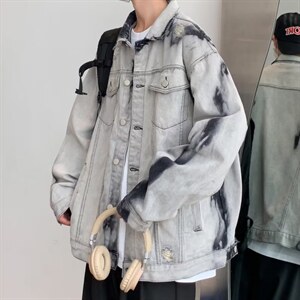 美式高街潮流宽松帅气休闲外套复古扎染破洞牛仔夹克男 W5204-P67图片