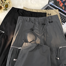 秋冬男裤工装口袋拉链褶皱拼接纯棉抽绳束脚长裤h2810P65，男装休闲裤，星座1013-1