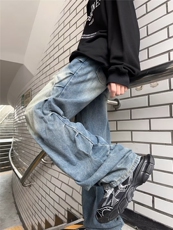 水洗牛仔裤男女设计感高腰宽松阔腿坠感拖地长裤子8056P53，男装牛仔裤，星座410-2