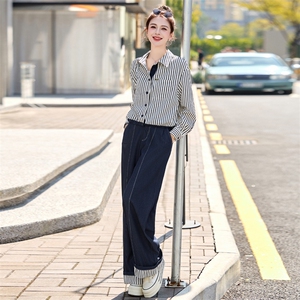 条纹衬衫牛仔阔腿裤套装女2025春秋新款韩版休闲减龄设计感两件套图片