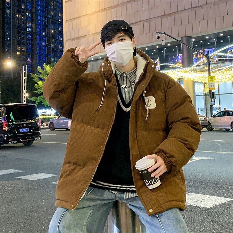 冬季青少年灯芯绒连帽棉衣潮牌羊羔毛加绒加厚棉服外套5305-P85图片