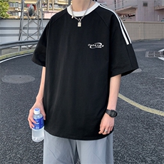 夏季美式高街重磅纯棉三条杠织带撞色男女短袖T恤ZD628-特P30，男装T恤，电商A486-1