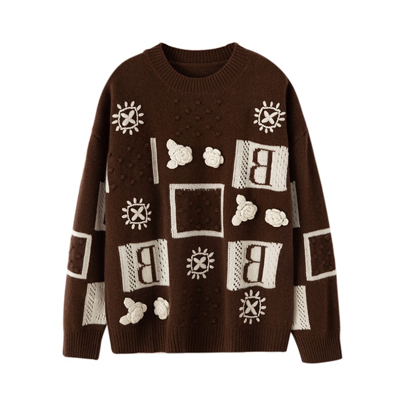 花花上衣女秋冬新款复古提花圆领套头毛衣宽松35%羊绒衫，女装羊绒衫，初婷羊绒