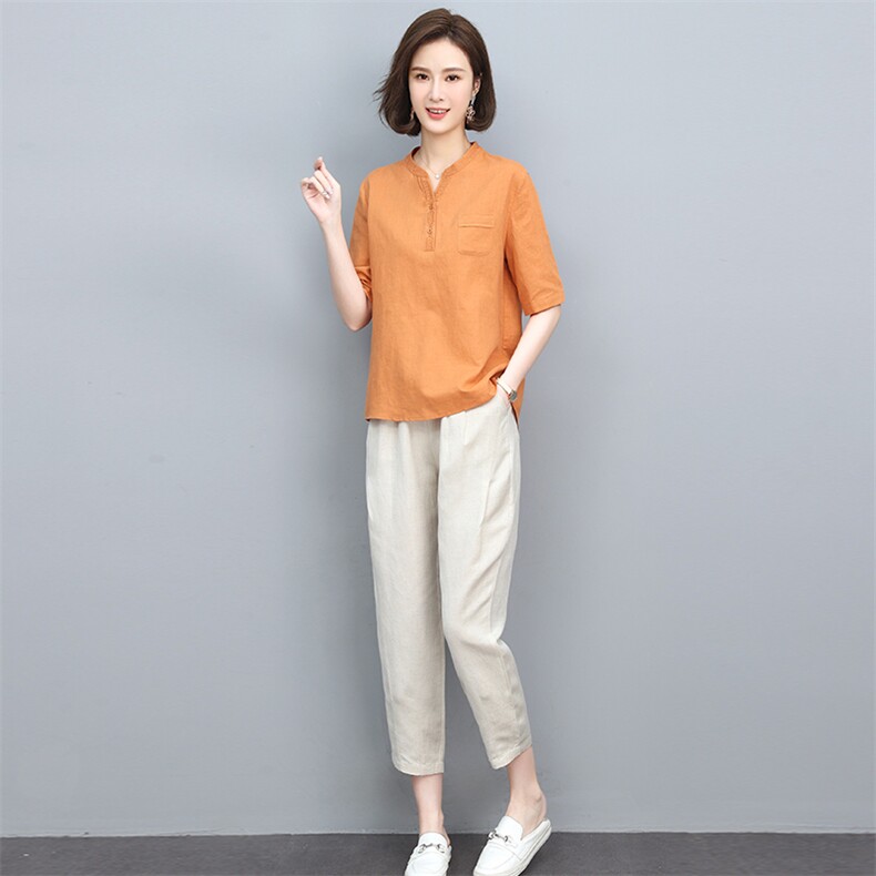 （新款）2024年夏时尚两件套装女亚麻棉刺绣上衣小脚裤,女装休闲裤,忆绮罗