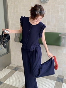 韩系木耳边无袖马甲套装女2025夏季新款气质显瘦百搭阔腿裤两件套图片