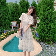 新中式改良旗袍连衣裙女夏2024新款轻国风复古蝴蝶印花显瘦裙子，女装连衣裙，姿衣轩