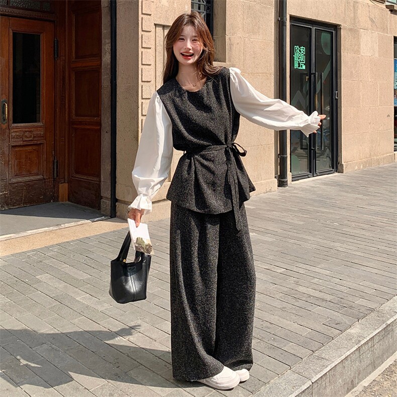 韩系小香风气质套装女2025春新款设计感拼接收腰显瘦阔腿裤两件套,女装套装/套裙,维壹
