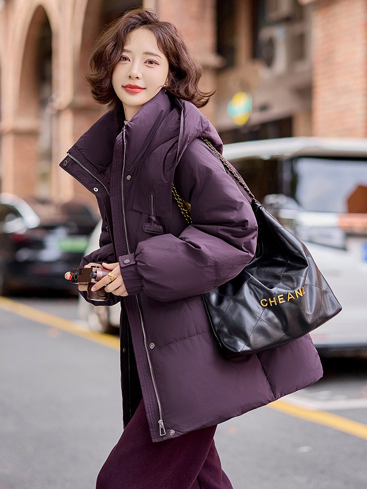 现货2024冬季新款简约廓形气质显瘦加厚中长款羽绒服,女装羽绒服,深水步