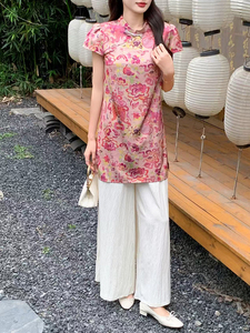 慕未家J夏装新款立领打褶中长上衣松紧腰短裤时尚国风套装熹58298图片