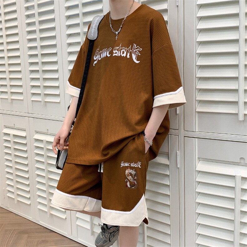 2024夏季潮冰感短袖百搭套装撞色华夫格运动服男女6617-P70控价98,男装T恤,电商A441-1
