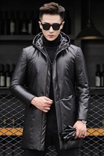 海宁修身皮衣中长款羽绒服男绵羊皮夹克男连帽外套潮P710,男装皮衣,电商B360