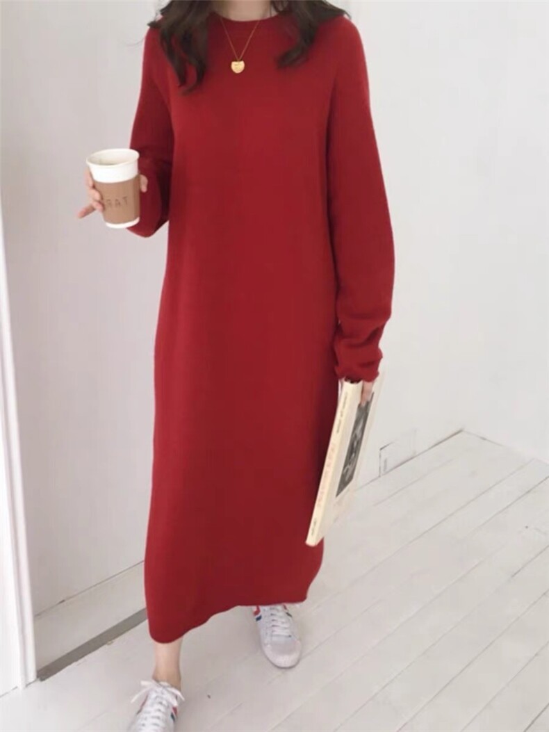 秋冬新款圆领羊绒衫女套头毛衣宽松连衣裙过膝羊毛打底衫,女装连衣裙,思途羊绒