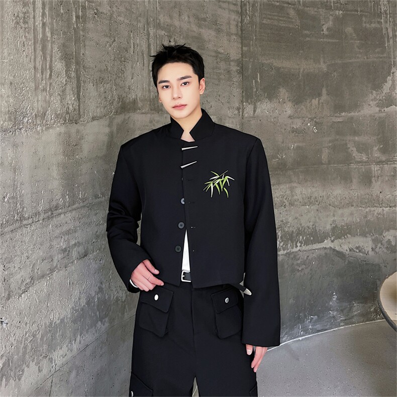 新中式翠竹绣花西装外套男设计感金属扣上衣男P135,男装西服,星座1009（原B233）