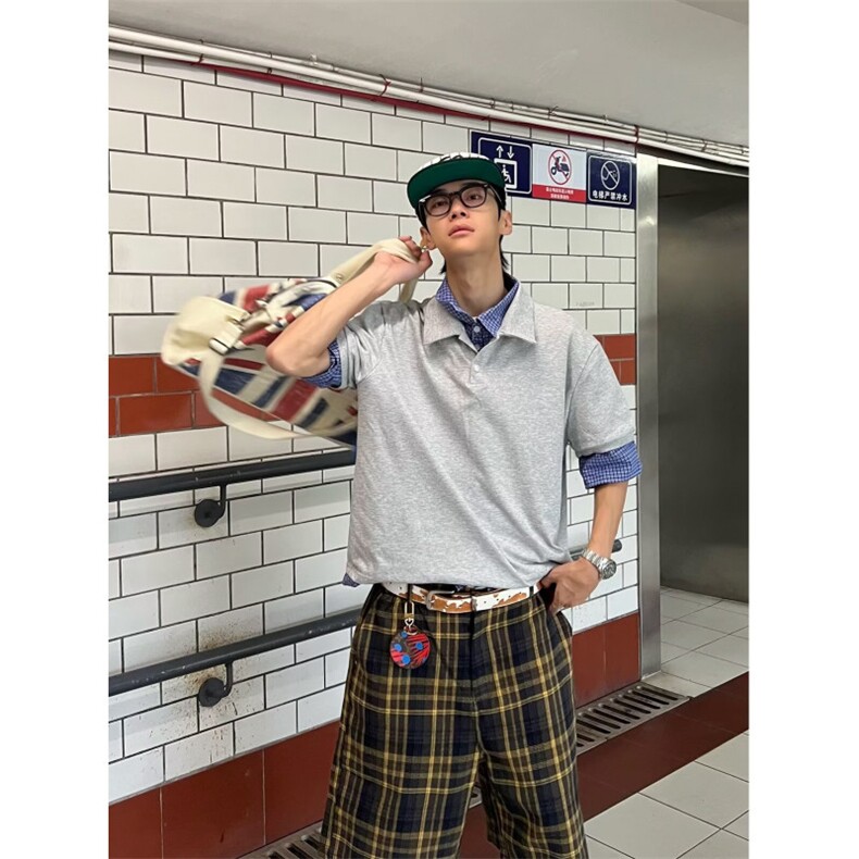 得物抖音高品质二开夏季美式潮牌高街假两件格子衬衣翻领短袖T恤,男装T恤,电商A486