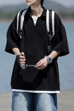 8XL-M假两件V领短袖t恤男夏翻领半袖宽松重磅华夫格大码DT001P40，男装T恤，电商B312