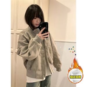 夹克复古扎染皮衣外套男秋冬款拼接飞行员加绒棒球服 JG114图片