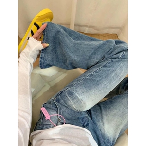 复古低腰直筒牛仔裤女春秋小个子显瘦磨白微喇窄脚长裤子 NC6694图片