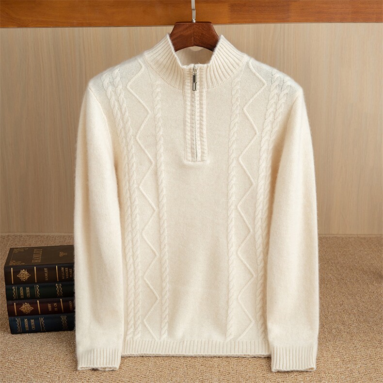 秋冬季35%羊绒休闲商务百搭七针加厚麻花半拉链羊绒衫男装，男装羊绒套衫，佑昭祥羊绒