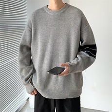 秋冬季条纹撞色圆领毛衣男韩系慵懒风高级感宽松针织线衣M283，男装针织衫/毛衣，星座506