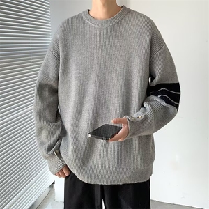 秋冬季条纹撞色圆领毛衣男韩系慵懒风高级感宽松针织线衣M283图片