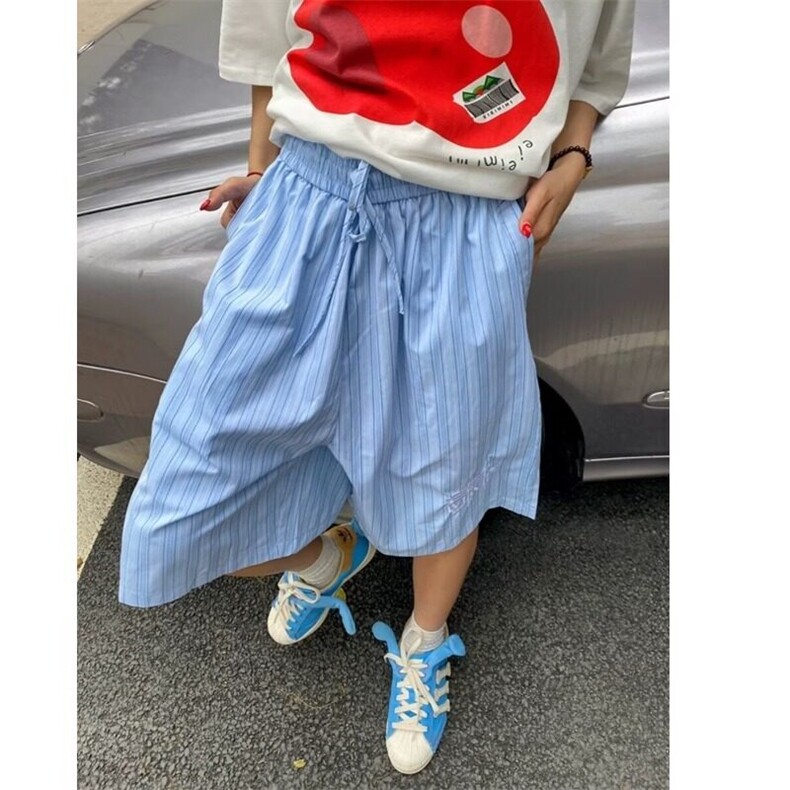 夏季薄款过膝五分裤男女冷色系条纹宽松休闲阔腿速干沙滩短裤潮,男装休闲裤,星座506A