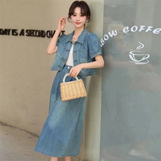短袖牛仔套装女2024夏季新款女装两件套时尚套装裙子，女装套装/套裙，香水丽阁