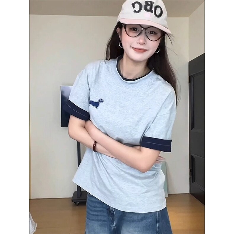 小狗刺绣撞色短袖t恤女夏季潮牌设计感美式复古圆领宽松半袖上衣,男装T恤,星座1210-1