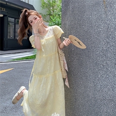 肌理感黄色收腰连衣裙女夏季2025新款绝美流行奶乎乎学院风长裙，女装连衣裙，2C116
