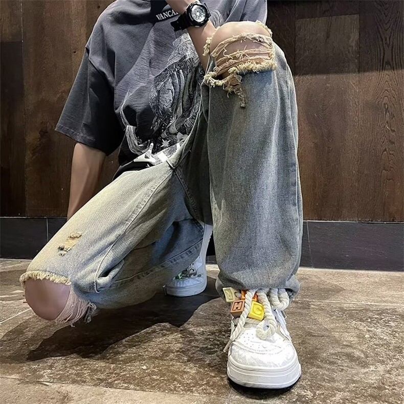 膝盖破洞牛仔裤男款美式复古黄泥色裤子夏季潮牌直筒长裤K089-P40,男装牛仔裤,星座911-2(原星座613-2）