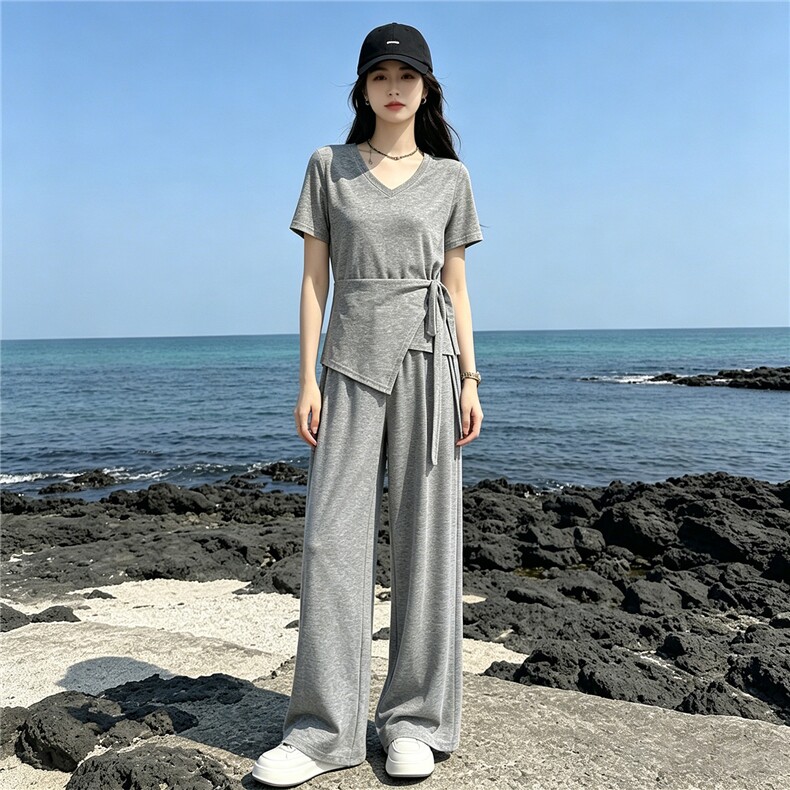 超好看韩版时尚套装女夏新款款蝴蝶结系带短袖上衣阔腿长裤两件套,女装套装/套裙,江南