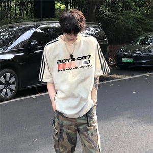 抖音得物高品质二开240克宽松纯棉美式潮牌三条杠织带短袖T恤图片