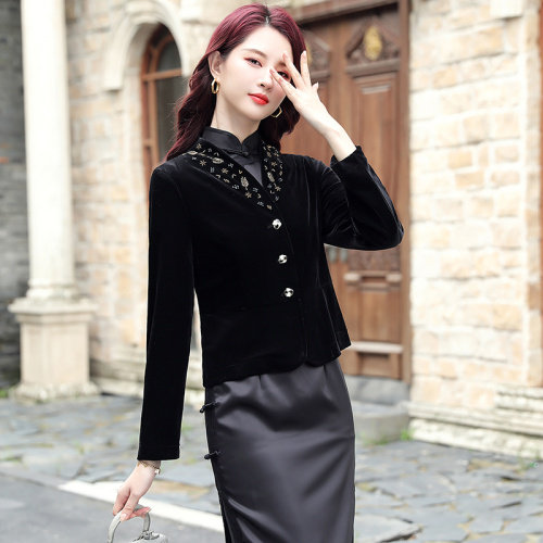 旗袍披肩外搭小外套秋冬高端金丝绒收腰显瘦喜婆婆开衫短款小西装，女装短外套，婵米儿