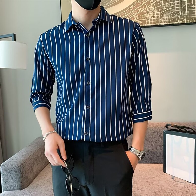 百搭衬衫标准简约ins条纹春季潮男原宿新款七分袖潮流C156-5,男装衬衫,星座1116A-2（原606A-1）