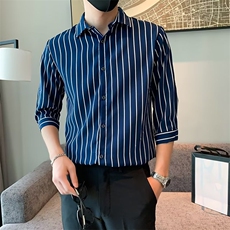 百搭衬衫标准简约ins条纹春季潮男原宿新款七分袖潮流C156-5，男装衬衫，星座1116A-2（原606A-1）