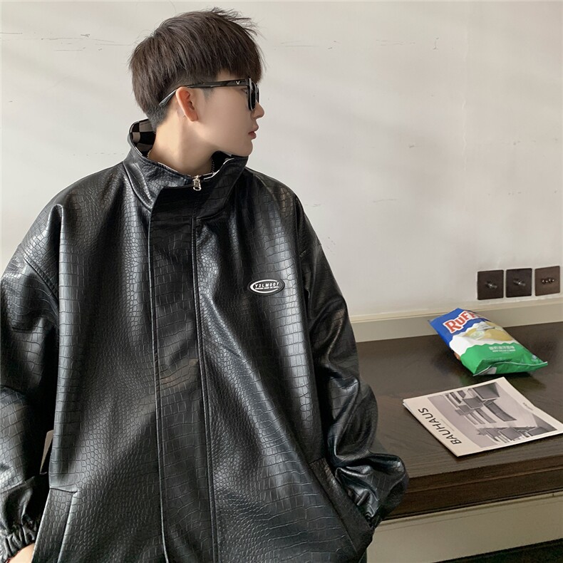 1港风两面穿夹克男大码格子PU皮鳄鱼纹皮衣男外套JK8753P110控149，男装夹克，星座226-2