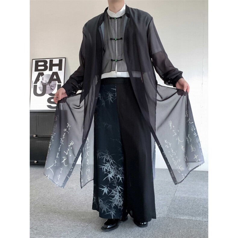 夏装新中式墨色书法渐变披风大码男女无性别风圆领长款长衫图片