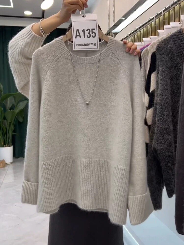 2025秋冬百搭时尚圆领宽松软糯舒适针织衫，女装针织衫/毛衣，梵泰羊绒