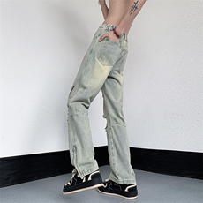 B221美式ins高街暗黑小众喷墨拉链破洞牛仔裤LK23085-P65控88，男装牛仔裤，电商B221